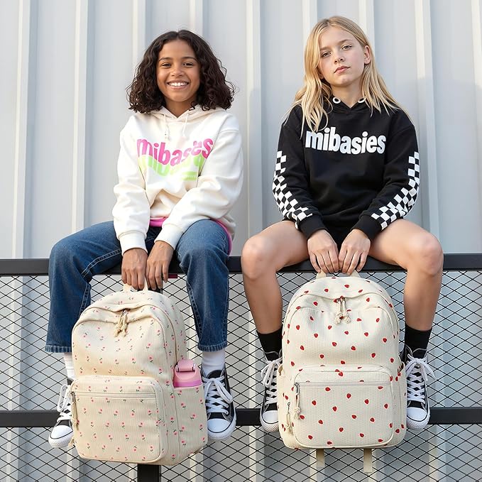 mibasies School Backpack for Girls with Laptop Sleeve: 18IN Large Capacity Corduroy Bookbag for Primary Middle School/College, Travel Daypack for Teens Women - Beige Rose
