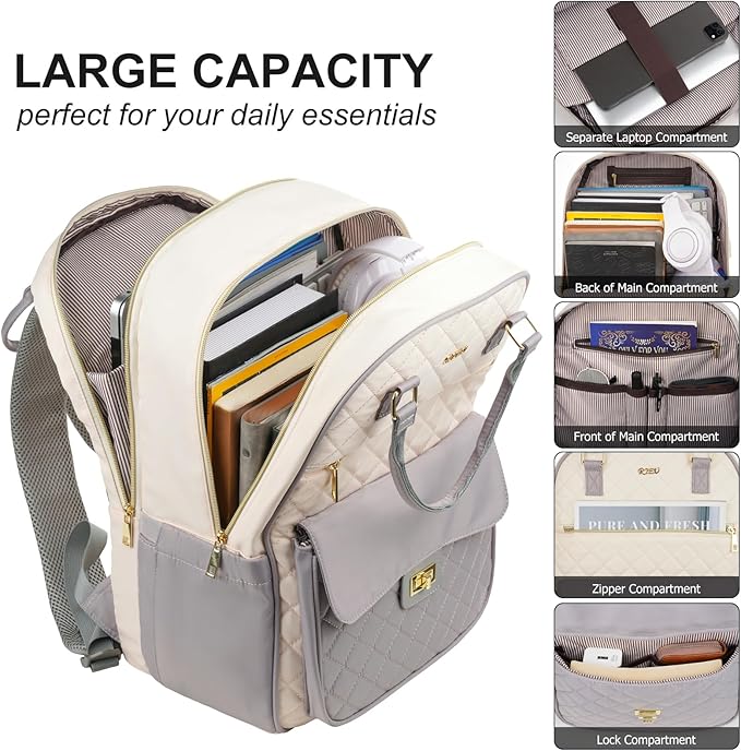 Teen Girls School Backpack,15.6in Laptop Bag for Women,Big Schoolbag for Travel Work Nurse Teacher Uni,Gray-Beige