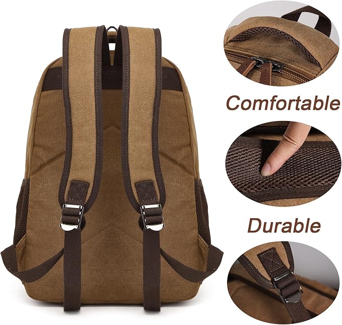 Canvas Laptop Backpack with USB Charging Port, Vintage Daypack for Men Women, Brown Travel Work Rucksack College Computer Bag Bookbag Fits 15.6 Inch Laptop, Brown