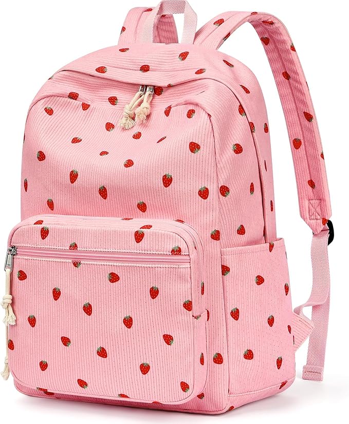 mibasies School Backpack for Girls with Laptop Sleeve: 18IN Large Capacity Corduroy Bookbag for Primary Middle School/College, Travel Daypack for Teens Women - Red Strawberry