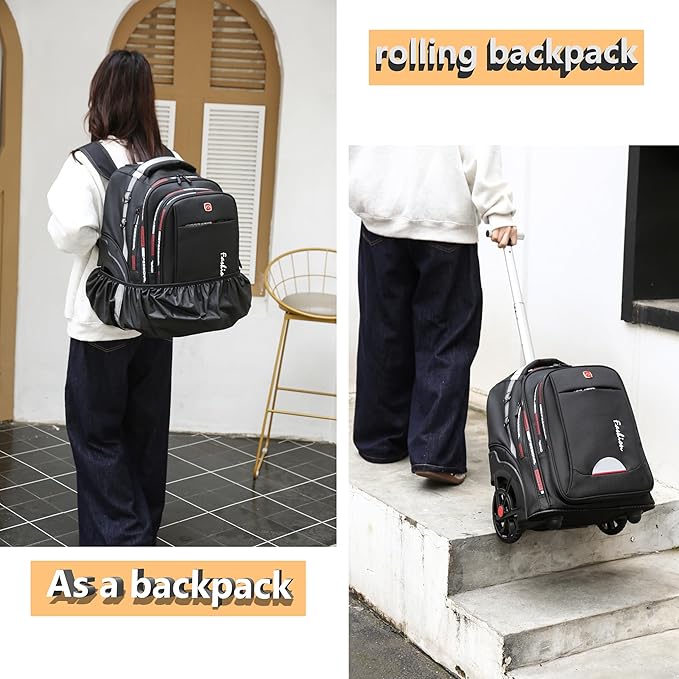 Rolling Backpack for Adults, 22 Inch Backpack with Wheels for Business, College Student and Travel Commuter, Waterproof Wheeled Backpack (black)