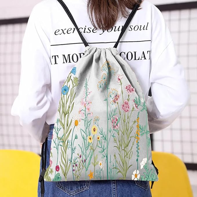Drawstring Backpack Draw String Bag Waterproof for Sports Gym Beach Travel Cute Aesthetic Sackpack Men Women (13"×17")-Blue Flower