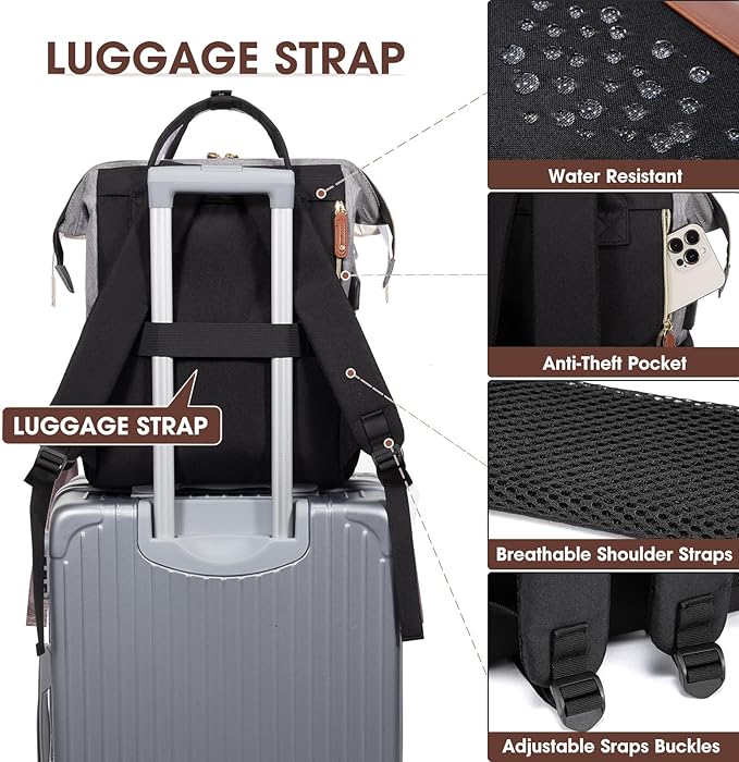 Women Laptop Backpack Work Bag: 17 inch Travel Computer Backpacks for Nurse Teacher Waterproof College Bookbag with USB Charger Anti-theft Casual Business Backpack Purse Black Grey Brown