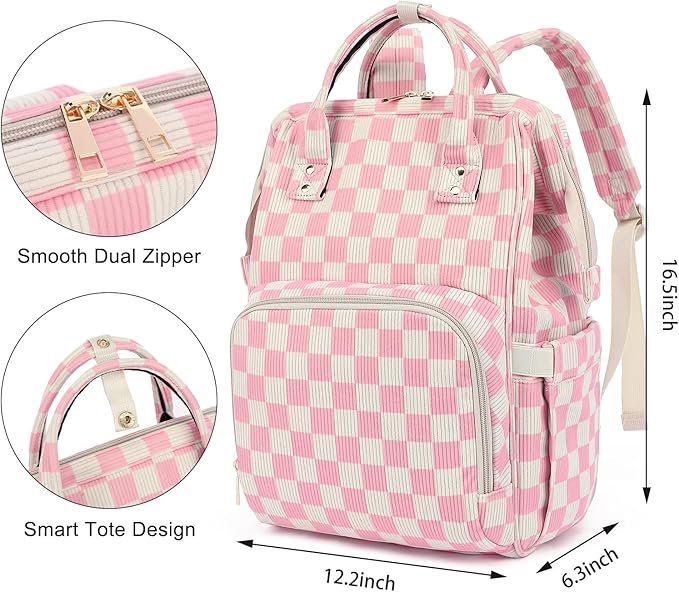 Laptop Backpack for Women, Corduroy College School Backpack Bookbag 15.6 inch Business Computer Travel Backpack (Checkered Pink)