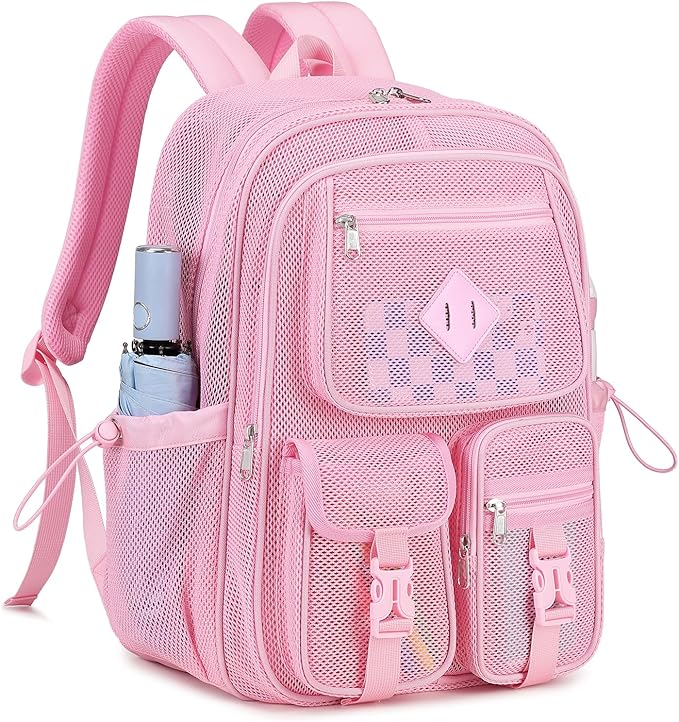 MOONBABY Mesh Backpack for School Heavy Duty See Through Net Bookbag Girls Semi-Transparent Net Back Pack for Beach, Swimming, Sports, Work, Travel (Pink)