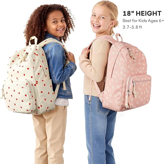 mibasies School Backpack for Girls with Laptop Sleeve: 18IN Large Capacity Corduroy Bookbag for Primary Middle School/College, Travel Daypack for Teens Women - Pink Flower