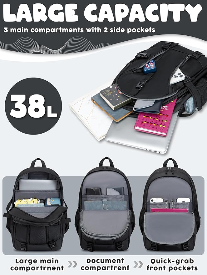 BLUEFAIRY High School Backpack for Girls Boys Middle School Bookbag for Kids Back to School Bag for College with Large Compartment Casual Daypack Mochilas para Niñas Adolescentes 18" Coal Black