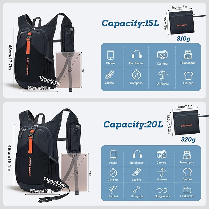 15L Small Hiking Backpack for Men Women Foldable Packable Back Pack Ultralight Hiking Daypack for Travel Camping Outdoor, Black