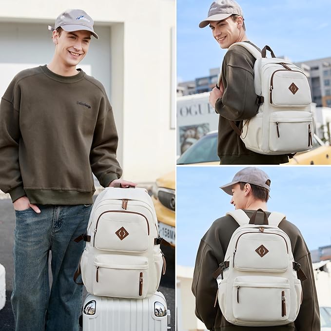 AO ALI VICTORY laptop backpack 15.6 inch anti theft travel backpacks for men and women large college bookbag work business daypack middle high school bag for girls boys teens students beige