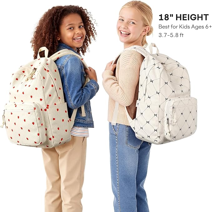 mibasies School Backpack for Girls with Laptop Sleeve: 18IN Large Capacity Corduroy Bookbag for Primary Middle School/College, Travel Daypack for Teens Women - Beige Bow