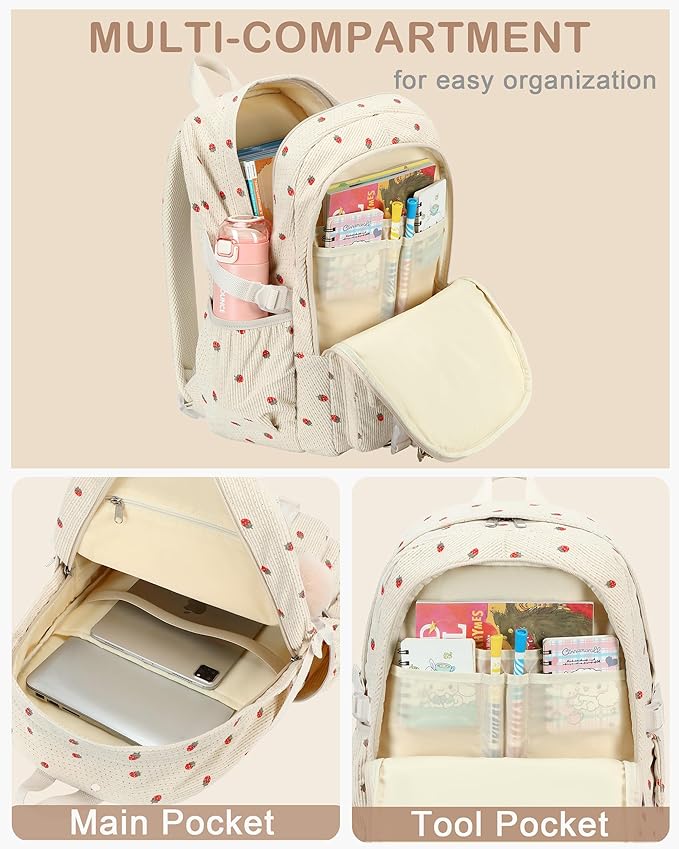 Hidds School Backpack for Teens Girls Women 15.6 Inch Laptop College Backpacks Corduroy Work Bag Kids Elementary Middle High Campus Bookbag Students Pack Travel Daypack Womens - Beige Strawberries