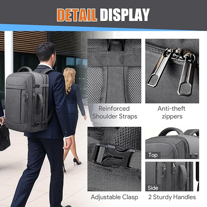 Expandable Carry on Backpack 50L-60L, Extra Large Travel Backpack Hiking Camping Rucksack with Waterproof Wet Pocket, Anti-Theft 19 Inch Gaming Laptop Bag for Road Trip Outdoor Sports, Grey