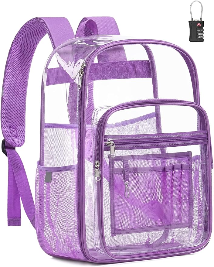 Extra Large Clear Backpack with TSA Lock, Heavy Duty Transparent See Through Clear Bookbag for College, Work, Travel, Casual Sport, Purple
