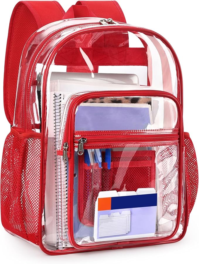 ZORFIN Clear Backpack Heavy Duty for School & Work – 17in Transparent PVC Bag with Large Capacity & Reinforced Straps – See Through Bookbag for Men, Women, Boys & Girls, Workplace Security - Red