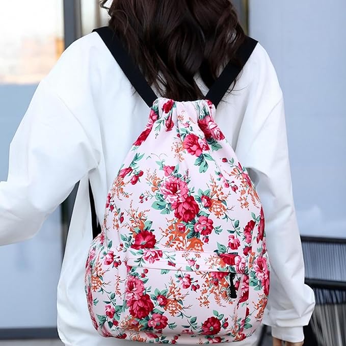 Drawstring Backpack for Women Drawstring Gym Bag Water Resistant Small Cinch Sack Pull String Backpack Bag (Flower-D)