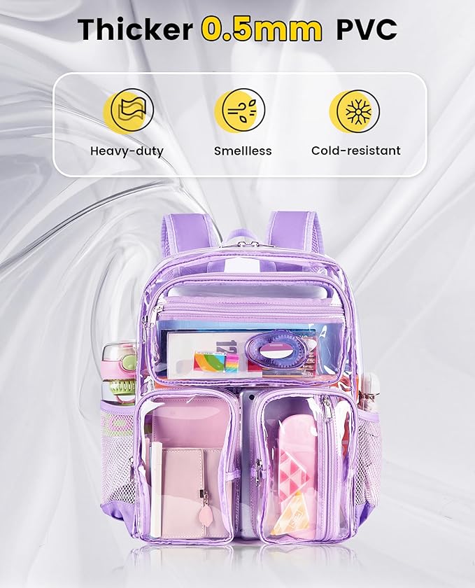 Vorspack Clear Backpack for School - Heavy Duty See Through Bookbag for Girls Boys Large Transparent Backpacks for Work, Travel, Festival - Purple