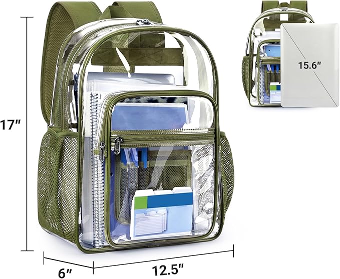 ZORFIN Clear Backpack Heavy Duty for School & Work – 17in Transparent PVC Bag with Large Capacity & Reinforced Straps – See Through Bookbag for Men, Women, Boys & Girls, Workplace Security - Green