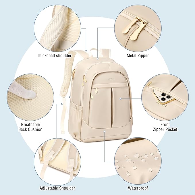 Hidds Travel Laptop Backpack for Women 15.6 Inch Computer Backpacks with USB Charging Hole Anti Theft Carry on Bag College Bookbag Large Back Pack for Work Business Travel Commuter Daypack-Champagne