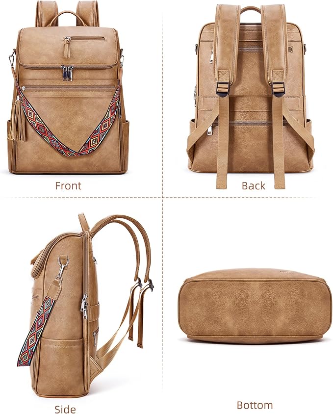Leather Laptop Backpack for Women Designer Laptop Bag, 16.5 inch Travel Computer Backpacks Purse with Tassel for Work Business with Satchel Purse Camel Brown