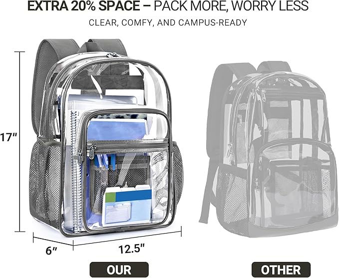 ZORFIN Clear Backpack Heavy Duty for School & Work – 17in Transparent PVC Bag with Large Capacity & Reinforced Straps – See Through Bookbag for Men, Women, Boys & Girls, Workplace Security - Grey