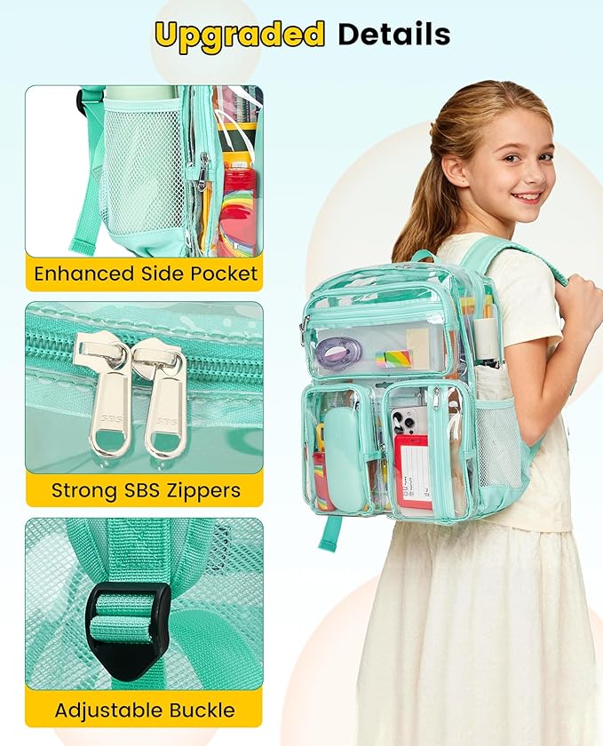 Vorspack Clear Backpack Heavy Duty - Large Clear Bookbag Transparent See Through Backpacks for College Work Festival - Mint Green