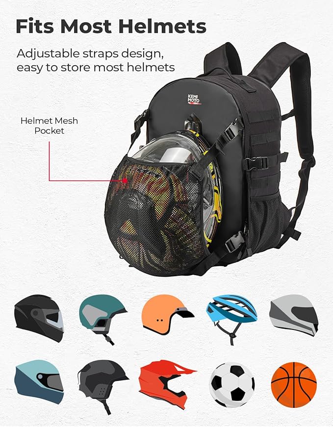 KEMIMOTO Motorcycle Helmet Backpack, 35L Storage Bag with Expandable Hidden Net for Full Face Helmet, Riding & Daily Commute Gift for Men