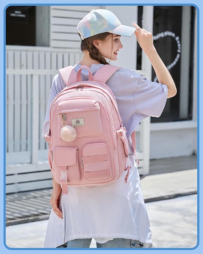 Hidds School Backpack for Teens Girls Women 15.6 Inch Laptop College Backpacks Corduroy Kids Bookbag Students Travel Daypack Womens (Pink)