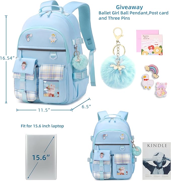 Backpack for Girls, 15.6 Inch Laptop School Bag Kids Kindergarten Elementary College Backpacks Large Bookbags for Teen Girl Women Students Casual Travel Daypacks (Blue)