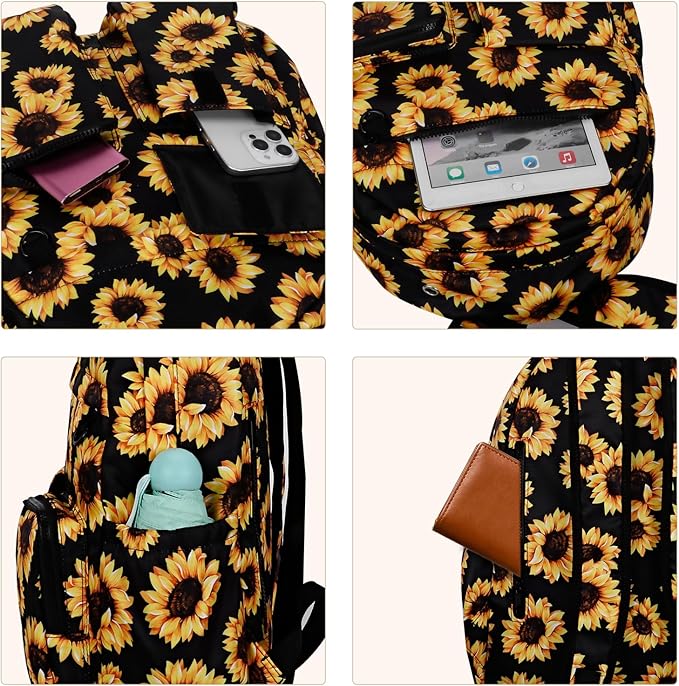 Women's Water-resistant Daypack Backpack, 15.6 Inch Laptop Compartment & Anti-Theft Pocket, Adjustable Padded Straps for Commuting, Travel, Work, College, Sunflower