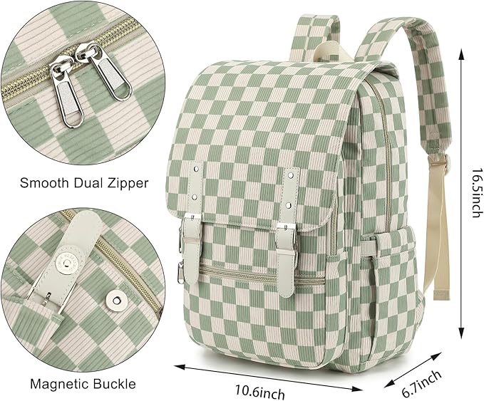 Corduroy Travel Backpack for Women, 15.6 Inch College Laptop Backpack, Fashion School Bookbag Work Backpacks (Corduroy Checkered Green)
