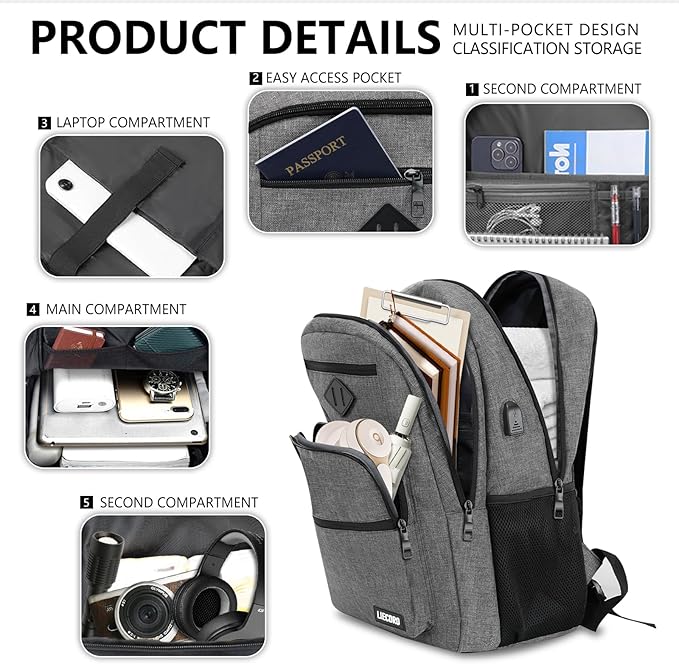 School Backpack for Boys Girls Teens, Grey Backpack for Men Women, 15.6 inch Laptop Back Pack with USB Charging Port, Backpacks for School Business Work College Travel, College Book Bag, Bookbag