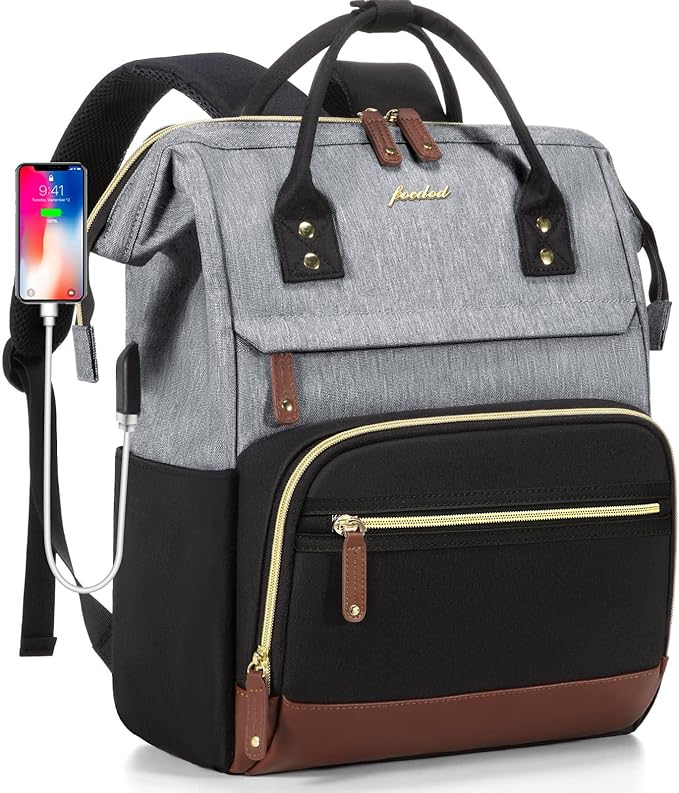 Laptop Backpack 15.6 Inch Professional Womens Purse Computer Bag Nurse Teacher Backpack Waterproof College Work Bags Carry on Travel Back Pack with USB Port, Black-Grey-Brown