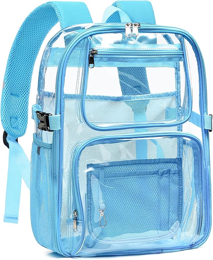 Large Clear Backpack Heavy Duty, 17 inch Clear Bookbag for Boys Girls Women Men, See Through Transparent Backpack With All-Around Reflective Strips for College Work,Light Blue