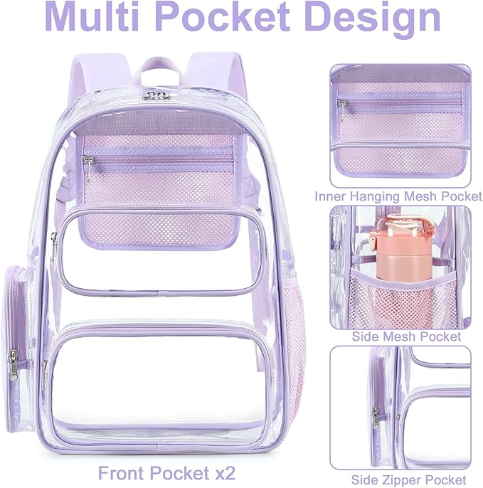 BTOOP Clear Backpack Heavy Duty Transparent Backpack 17" See Through Bookbag for College Work Festival Security Padded Strap (Purple)