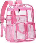 Clear Backpack Heavy Duty for Women Men Boys Girls, Clear Bookbag for School, 17 Inch Transparent Backpack with All-Around Reflective Strips for Work Casual Sport, pink