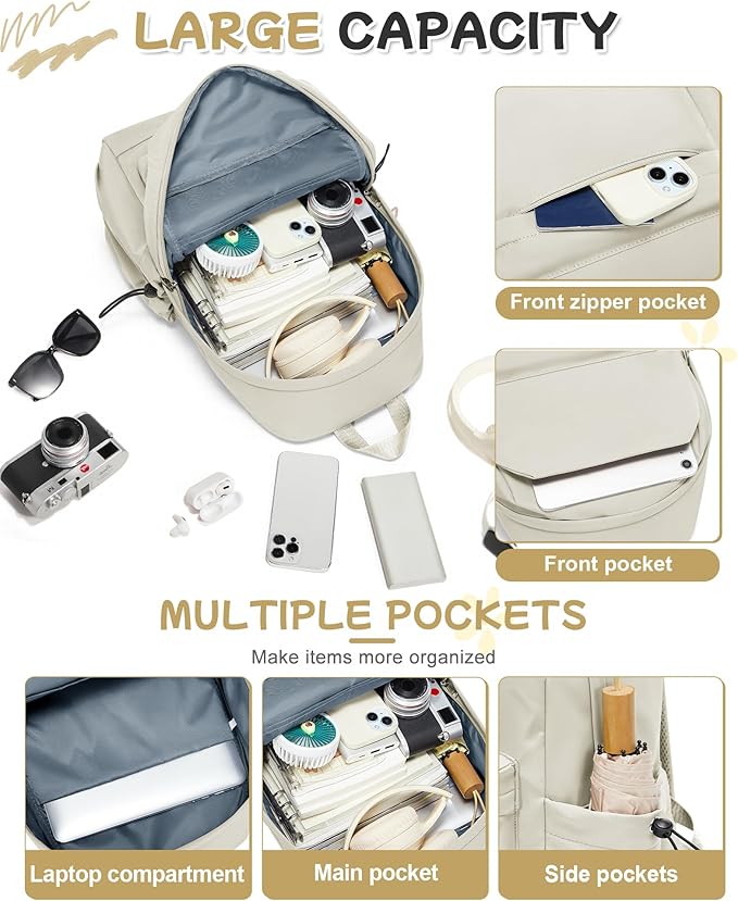 SEAFEW Small Backpack for School Girls Kids Women, Waterproof Bookbag Cute High School Backpack for Men Teen Boys, Lightweight College Back Pack Mochilas Escolares para Casual Daypack Rucksack White