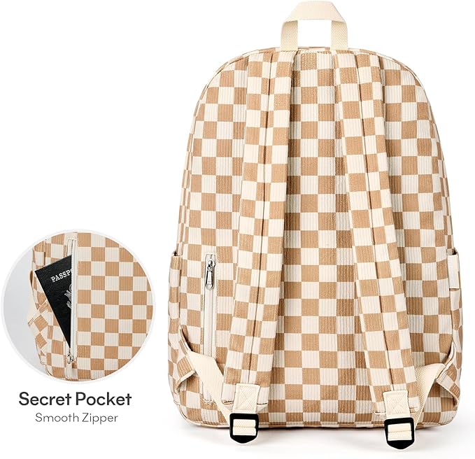 mibasies School Backpack for Girls with Laptop Sleeve: 18IN Large Capacity Corduroy Bookbag for Primary Middle School/College, Travel Daypack for Teens Women - Brown Checkered