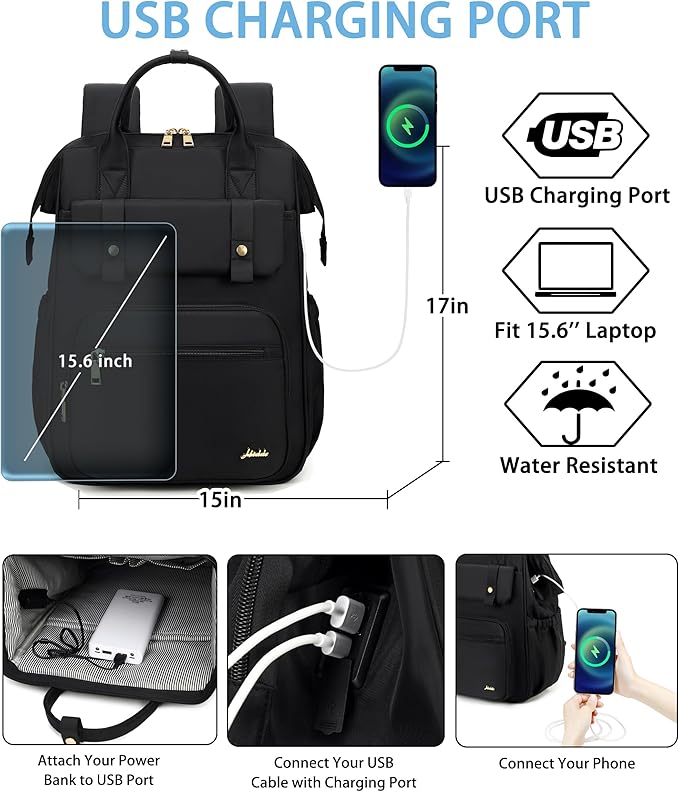 Hidds Laptop Backpack for Women 15.6 In Work Business Computer Bag School College Backpacks Commuter Back Pack Purse Girls Nursing Bookbags Womens Anti Theft Travel Daypack with USB Port - Black
