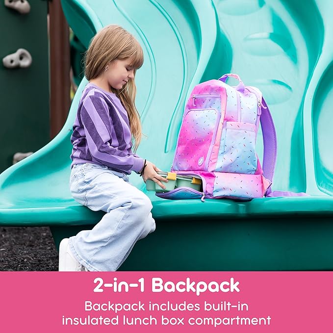 J World New York 2-in-1 Insulated Backpack Lunch Box for Kids. Adult School Bookbag, Lavender Checkers