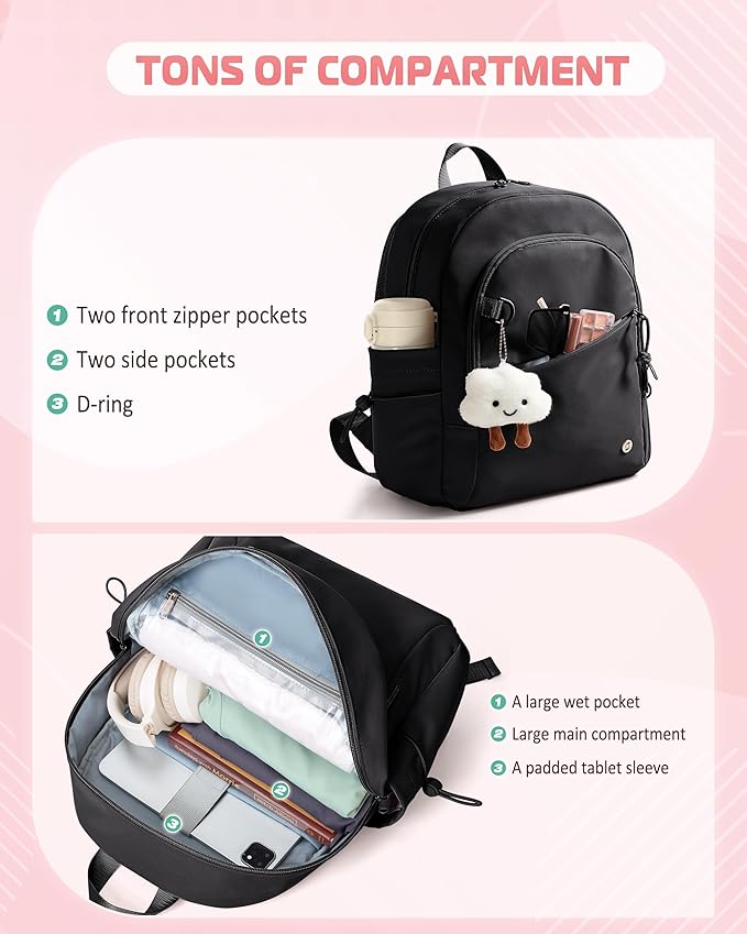 Women Mini Backpack with Wet Pocket and RFID Blocking Pocket, Small Backpack Purse for Gym, Work, College or Travel, Black