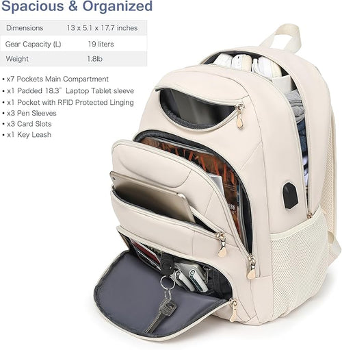 Boavan Laptop Backpack for women,15.6 inch Laptop Bag with USB Port, Waterproof Travel Work Backpack Purse, Anti-Theft Teacher Nurse Doctor Casual Bookbags Office Business backpack，Cream Beige