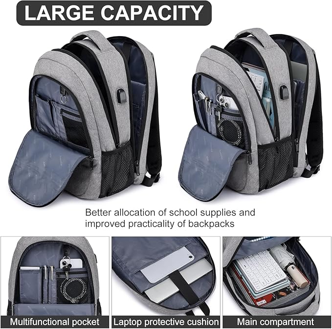 Asenlin Travel Laptop Backpack for Women & Men,Water Resistant Business Slim Sturdy Laptops Backpack with USB Charging Port,Fits 15.6 Inch Notebook College School Computer Bag-Grey