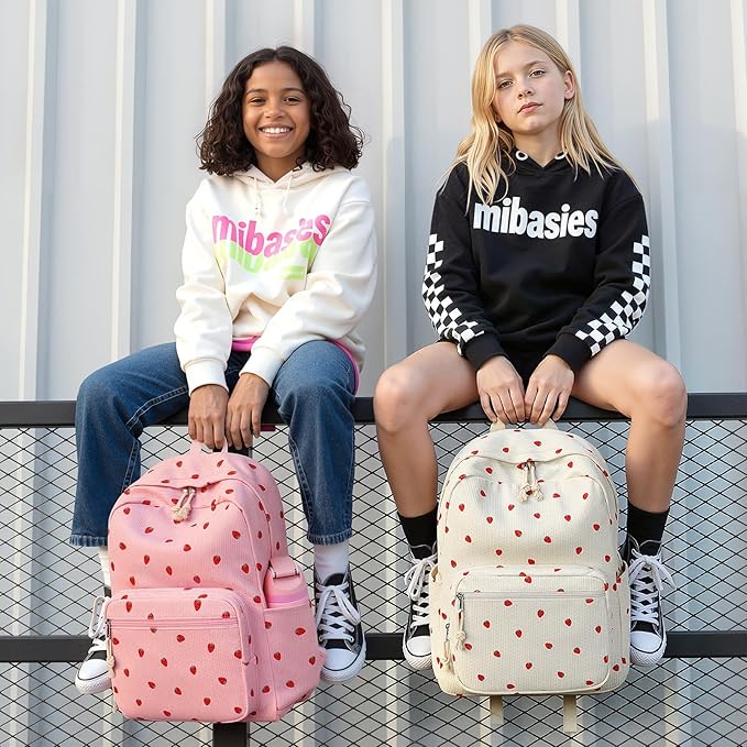 mibasies School Backpack for Girls with Laptop Sleeve: 18IN Large Capacity Corduroy Bookbag for Primary Middle School/College, Travel Daypack for Teens Women - Red Strawberry