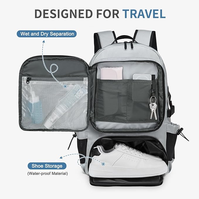 Travel Backpack for Men, 35L TSA Approved Large Laptop Backpack Fits 18.4 Inch, Water-Repellent W/Shoe Compartment & Wet Pocket Anti-theft Pocket, Light Grey