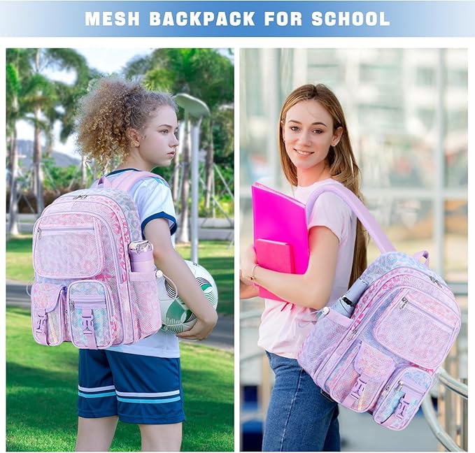 MOONBABY Mesh Backpack Heavy Duty See Through Net Bookbag Semi-Transparent Net Back Pack for Beach, Swimming, Sports, Work, Travel (Purple Leopard)