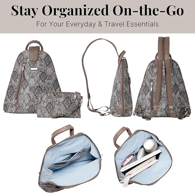 Baggallini Backpack Metro with RFID Phone Wristlet, Tan Python