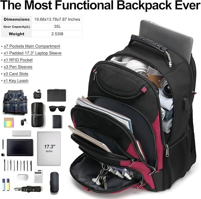 Boavan Laptop Backpack for men, 17.3 inch Laptop Bag with USB Port, Waterproof Travel Work Backpack Purse, Anti-Theft Teacher Nurse Doctor Casual Bookbags Office Business backpack，Black&Russet Red