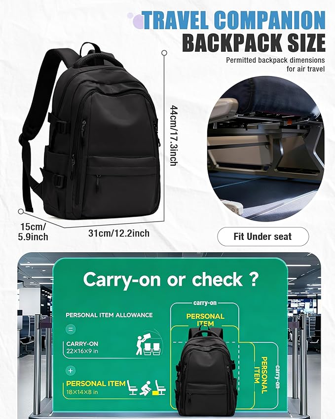 Laptop Travel Backpack for Women Men Bag College Airline Approved Carry On Luggage Backpack Lightweight Business Personal Item Bag Work Bookbags Large Capacity Waterproof Purse Casual Daypack Black