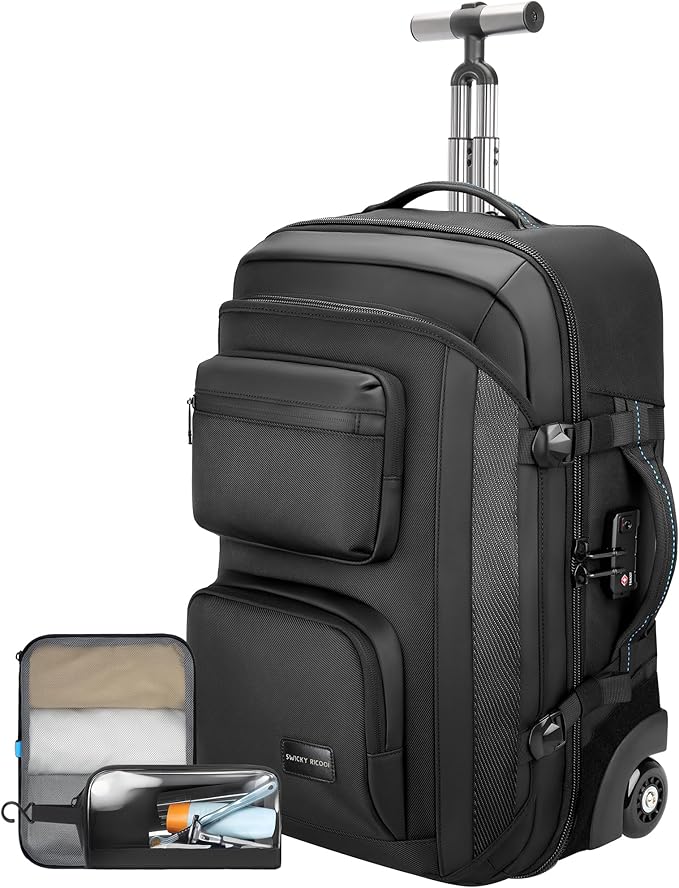Carry on backpack with wheels, Rolling backpack with Dry-Wet Pocket, TSA Lock, Laptop Compartment, Water-Resistant for Men Women, Work, Air Travel（3-Piece Set-Includes Toiletry & Storage Bag）