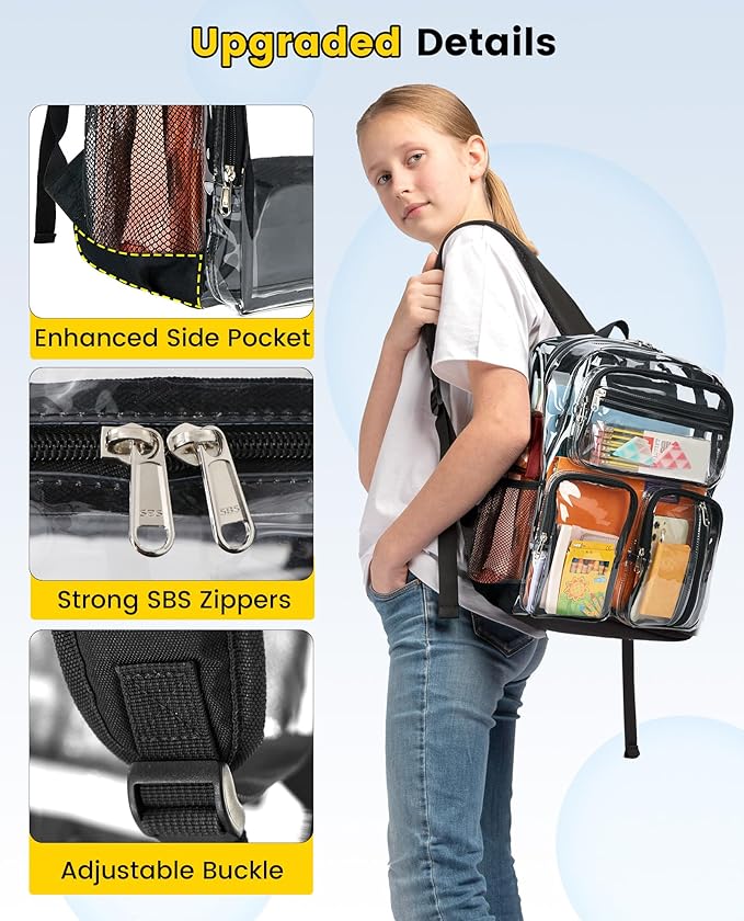 Vorspack Clear Backpack for School - Heavy Duty See Through Bookbag for Girls Boys Large Transparent Backpacks for Work, Travel, Festival - Black